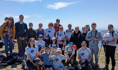 Group picture at summit with landscape behind