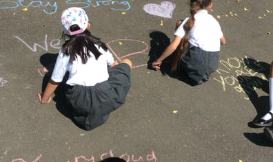 Girls chalking playground